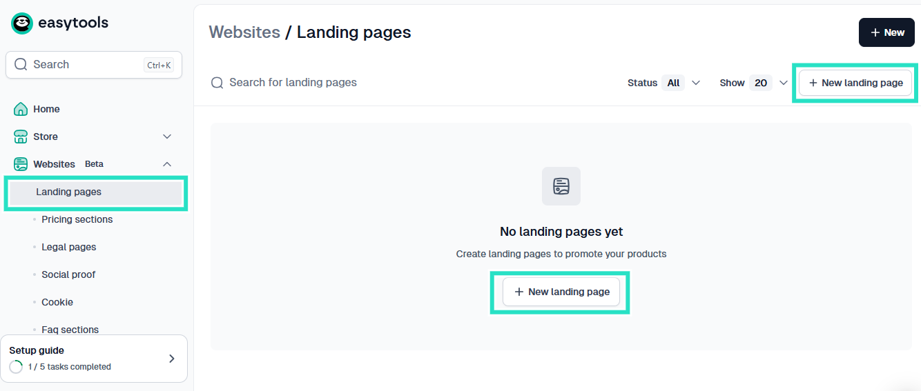 create a new landing page from the menu
