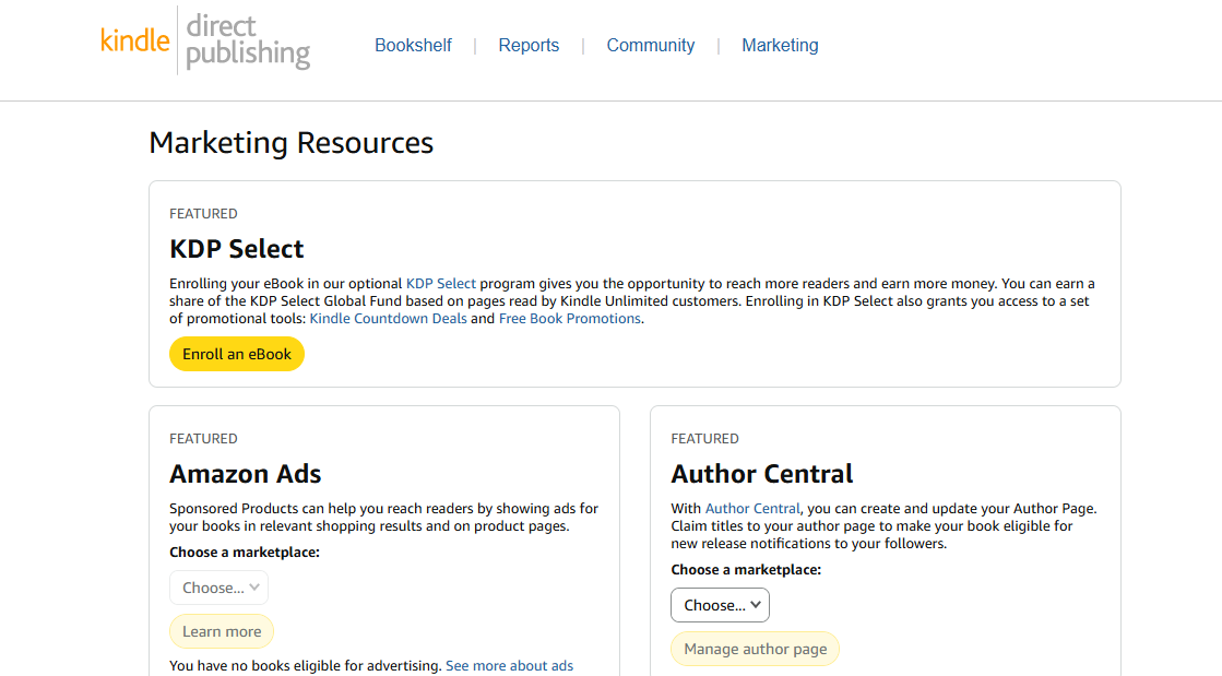 available marketing resources in amazon kdp