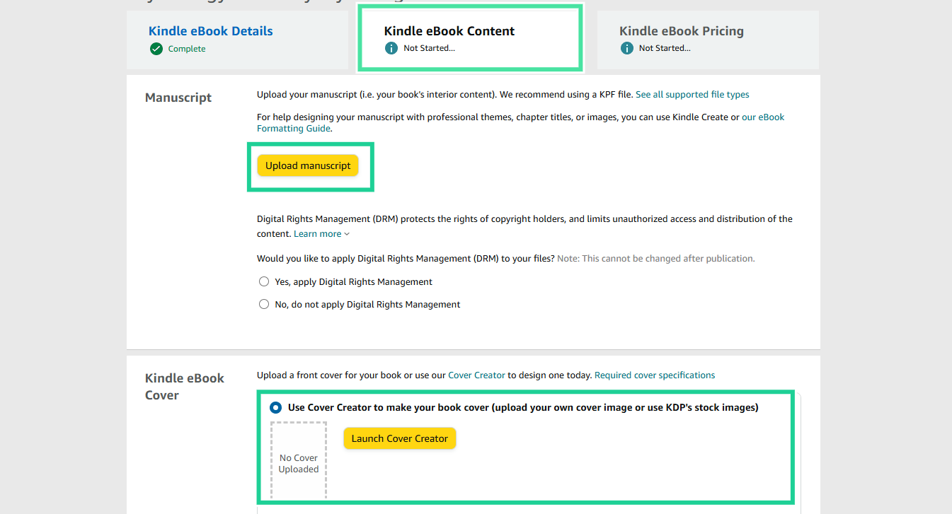 upload manuscript and e-book cover