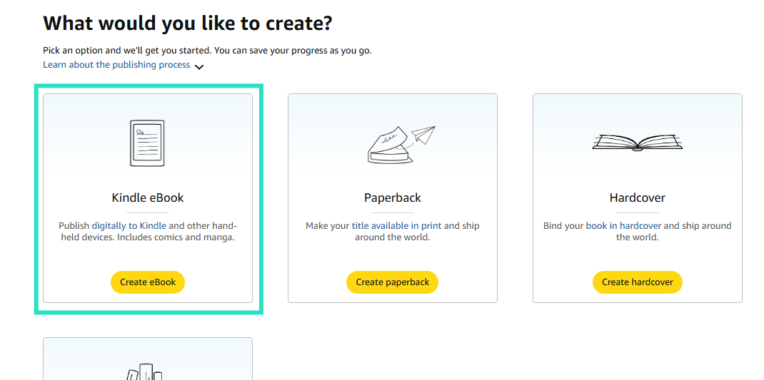 select kindle e-book option to create one