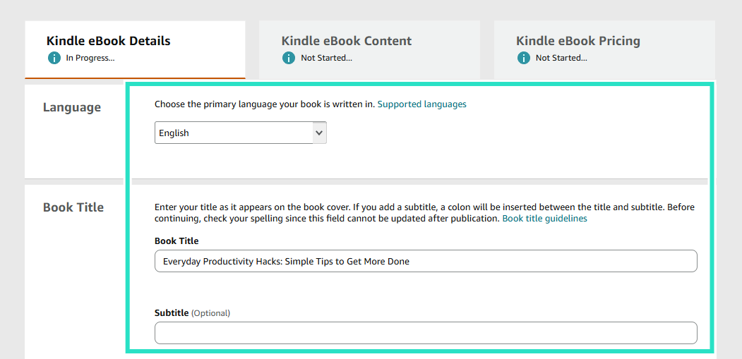 set language and e-book in amazon kdp
