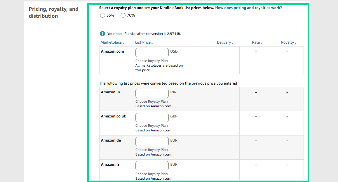 select royalty plan and e-book list prices