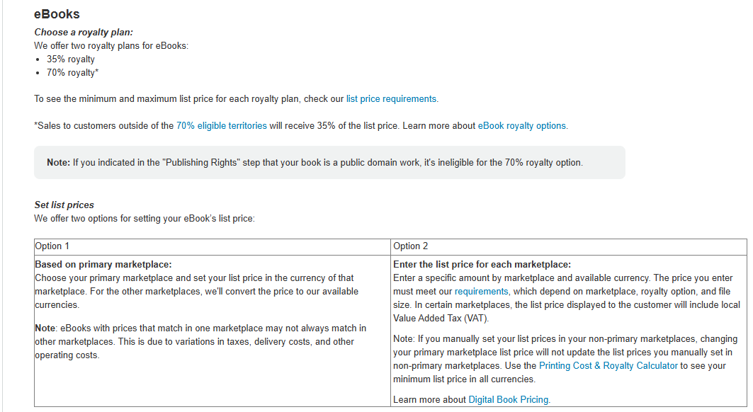 royalty plans in a platform to sell e-books