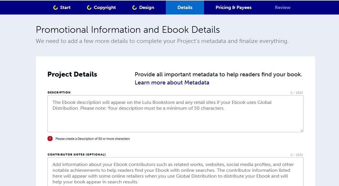 set up promotional information and e-book details