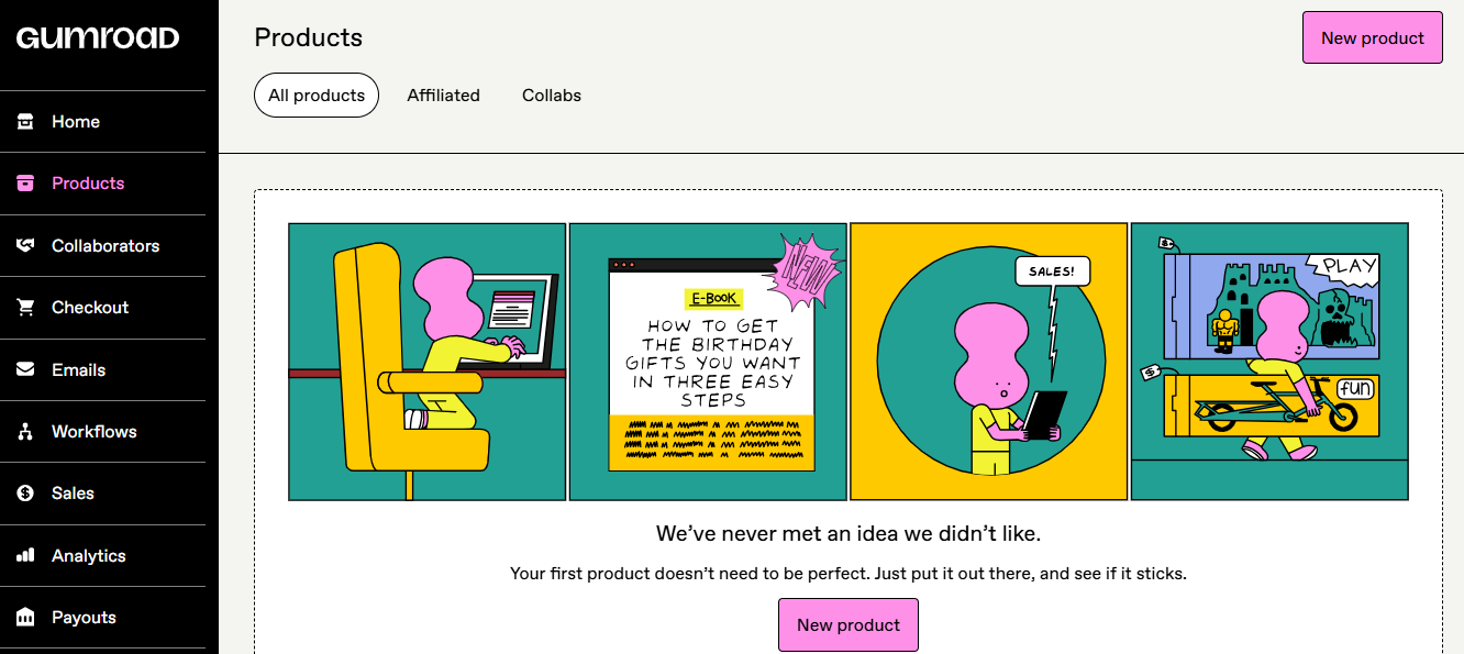 create a new product page in gumroad
