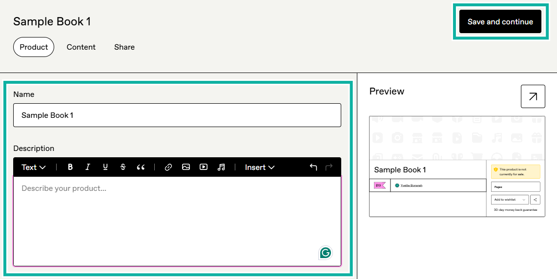 preview sample book with name and description