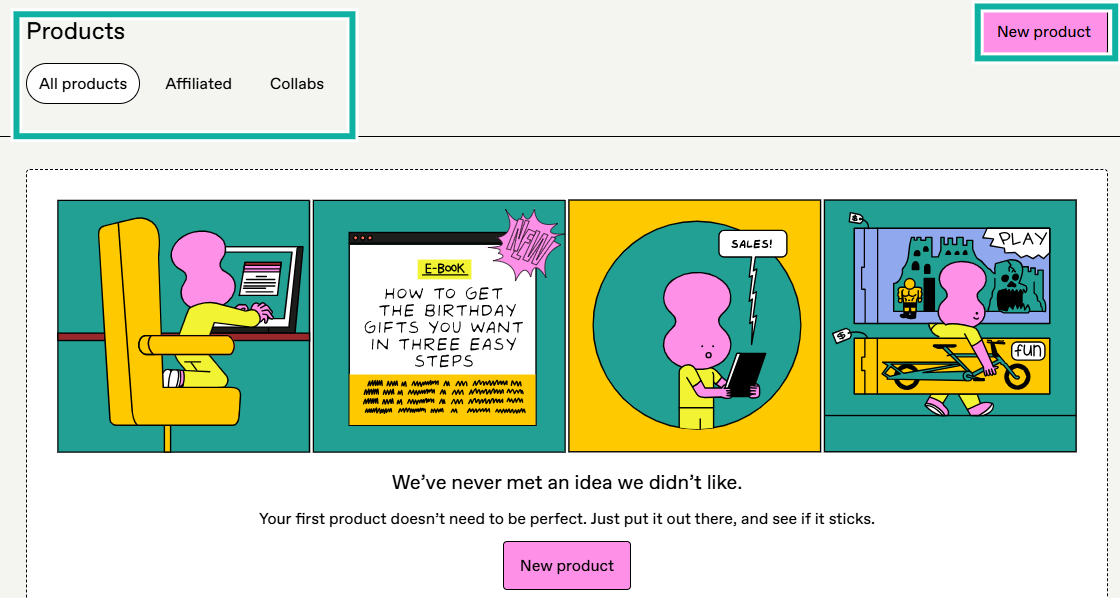 create a new product button and all products