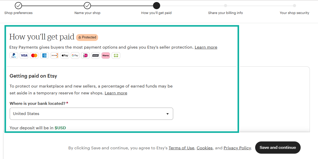 select your bank account location on etsy