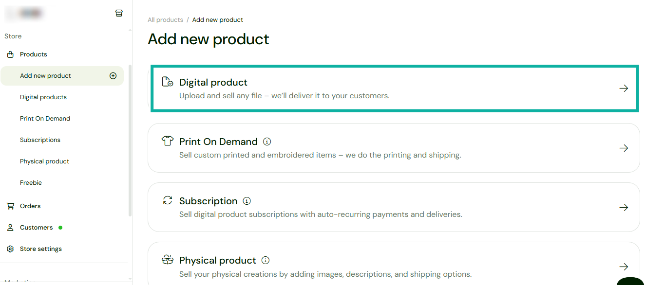 add a new digital product from product list