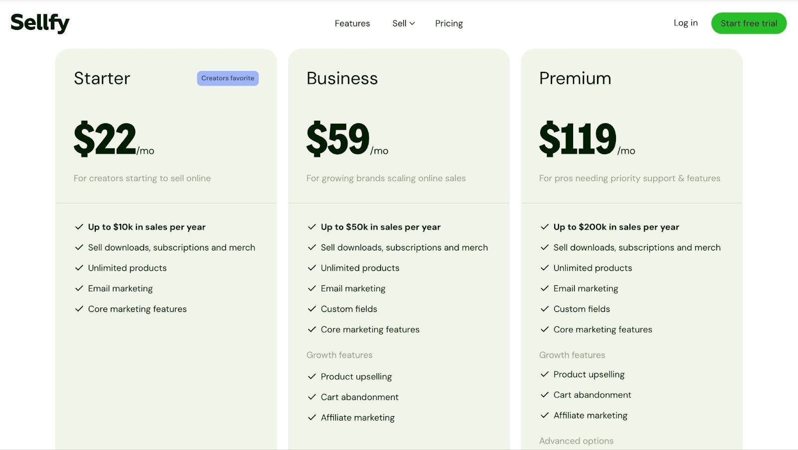 sellfy pricing plans