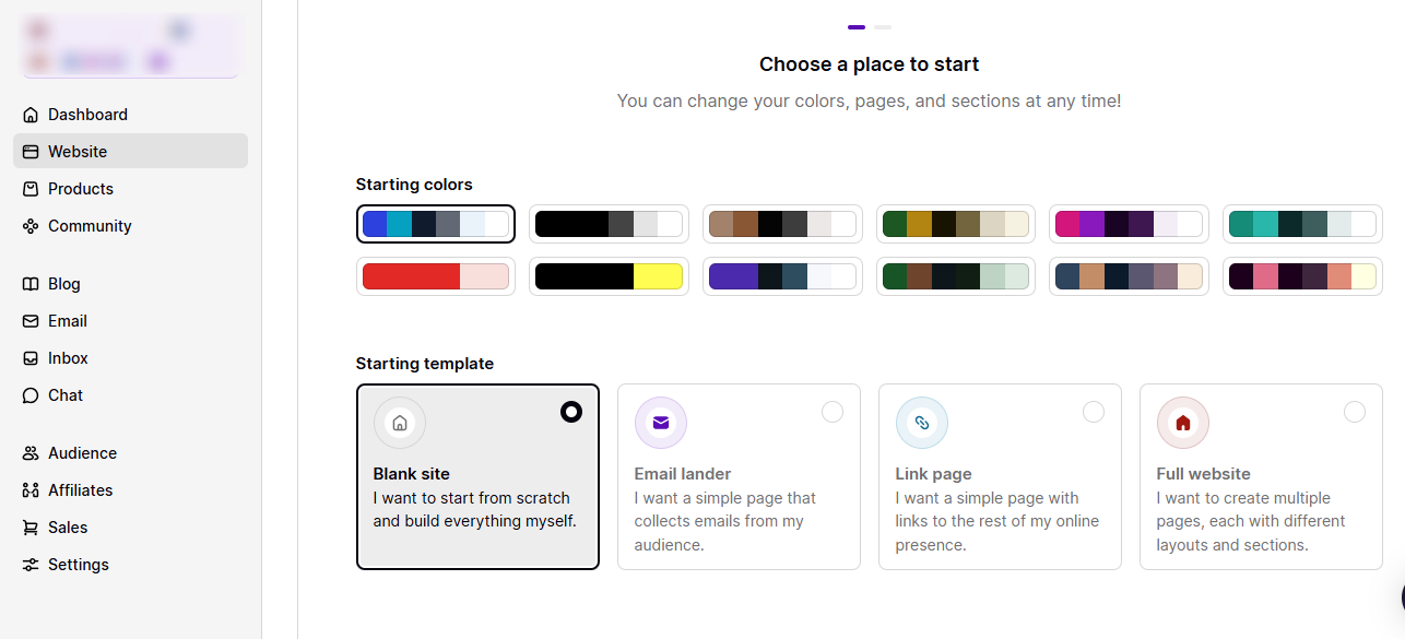 start with the blank site template in podia