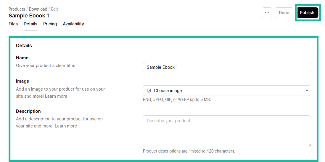 fill in e-book details before publishing