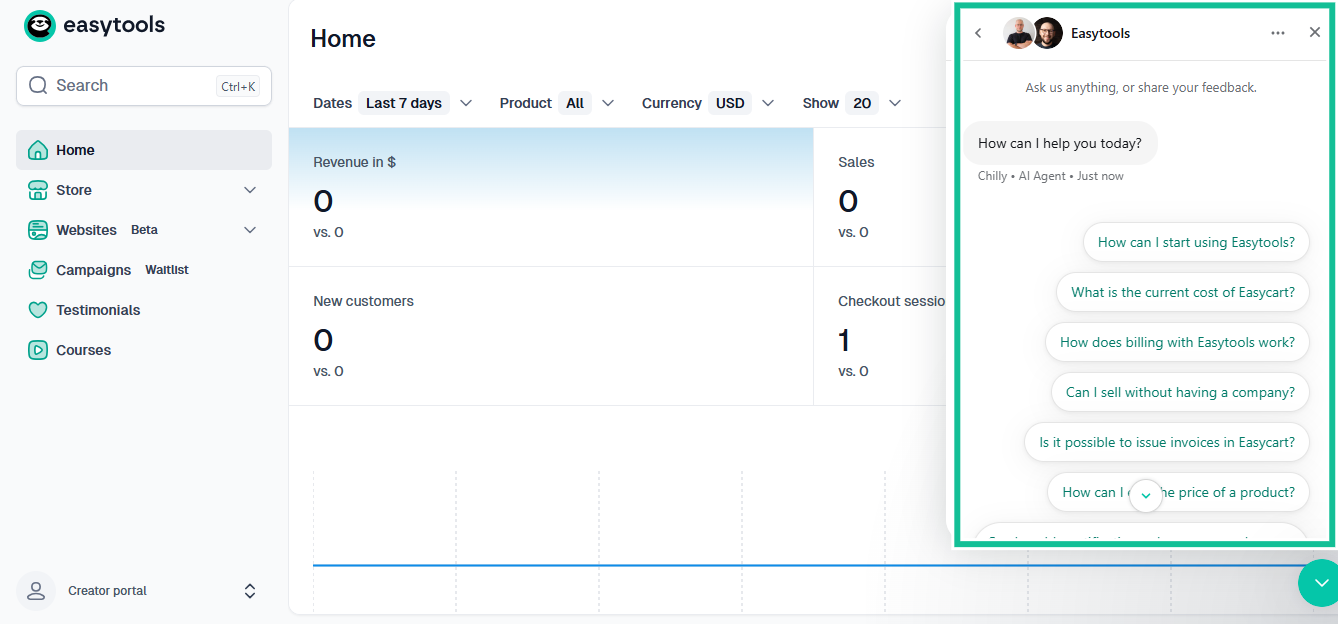 easytools AI agent chat for customer support