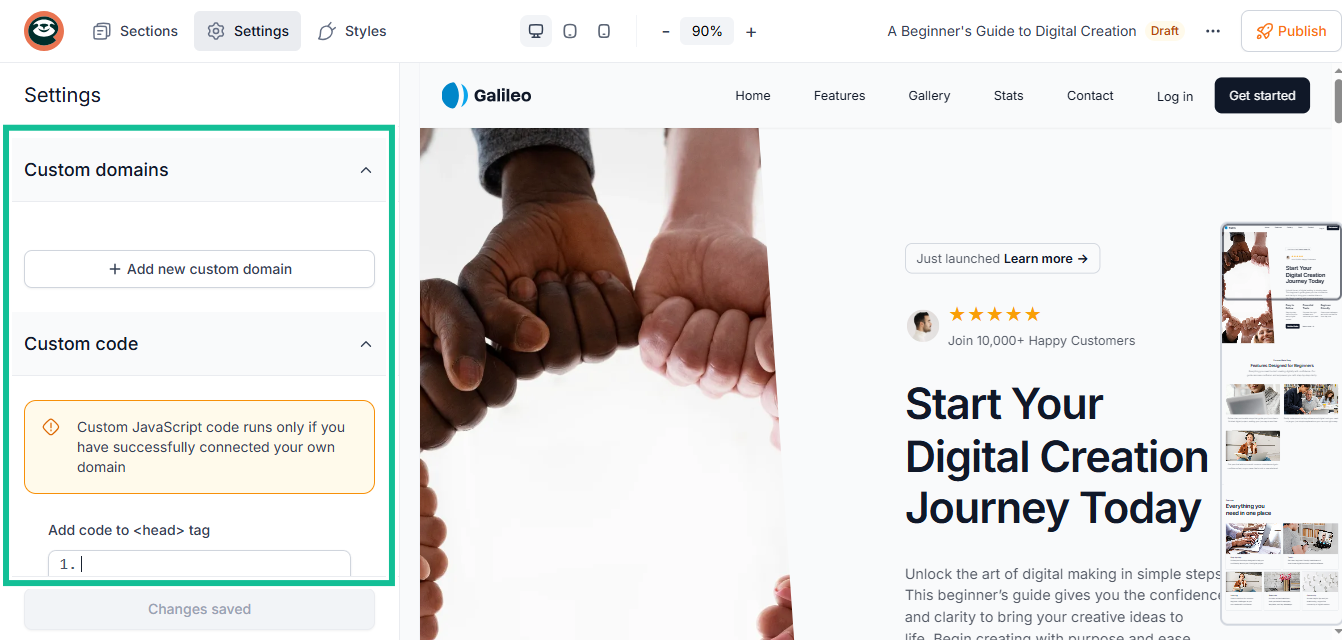 custom domain settings in platform to sell e-books