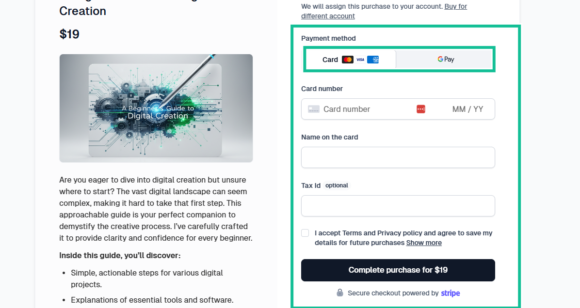 sample checkout page to complete purchase