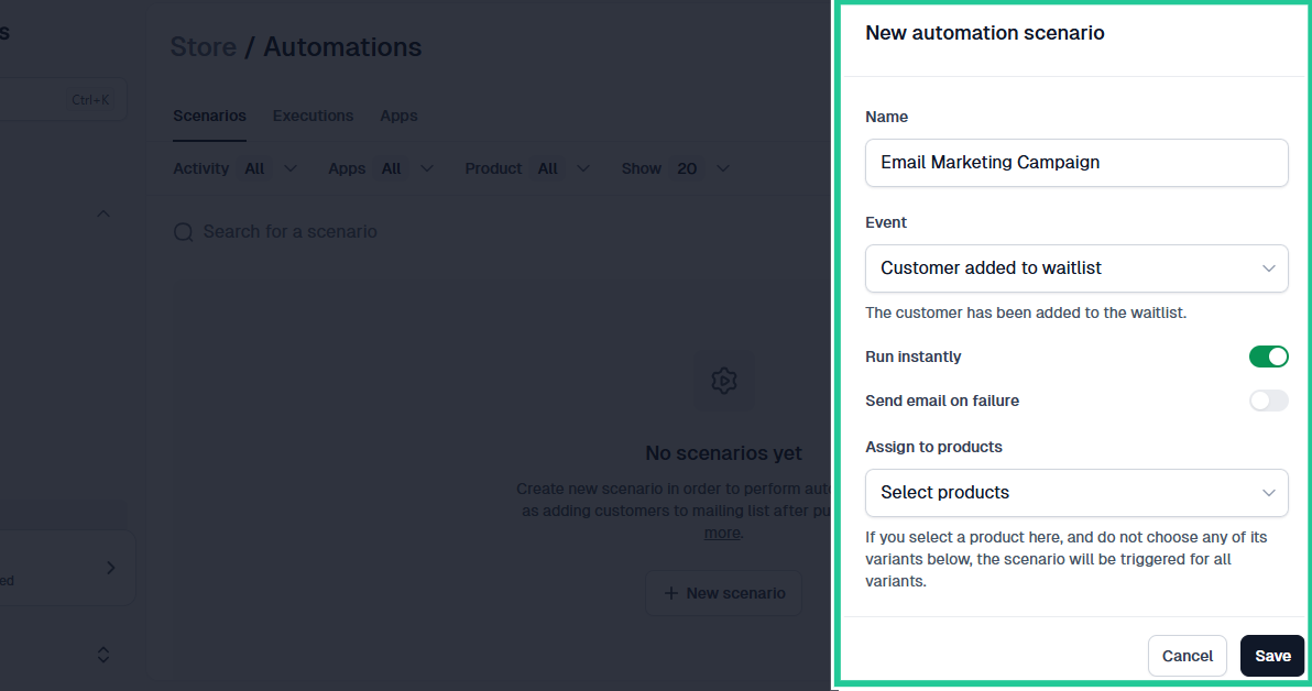 set a new automation scenario in easytools