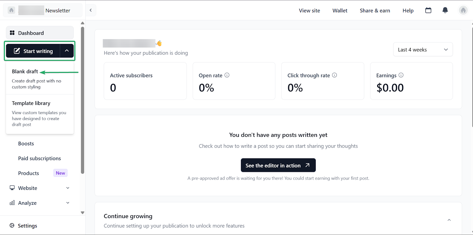 select start writing in the sidebar