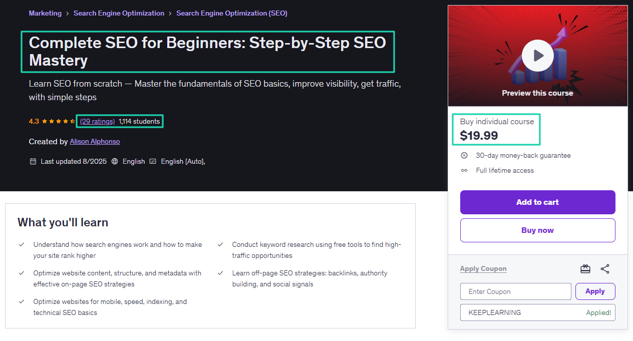 seo course on udemy