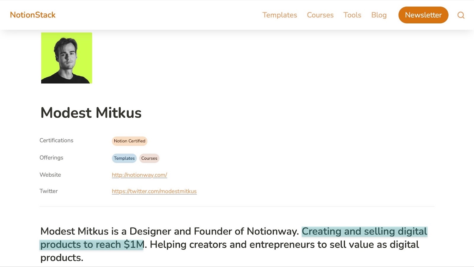 modest mitkus profile on notionstack