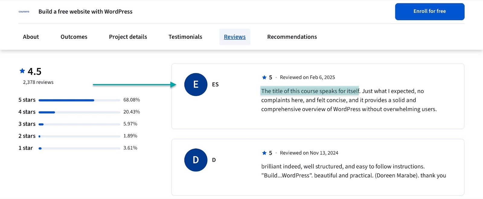 course ratings and reviews page