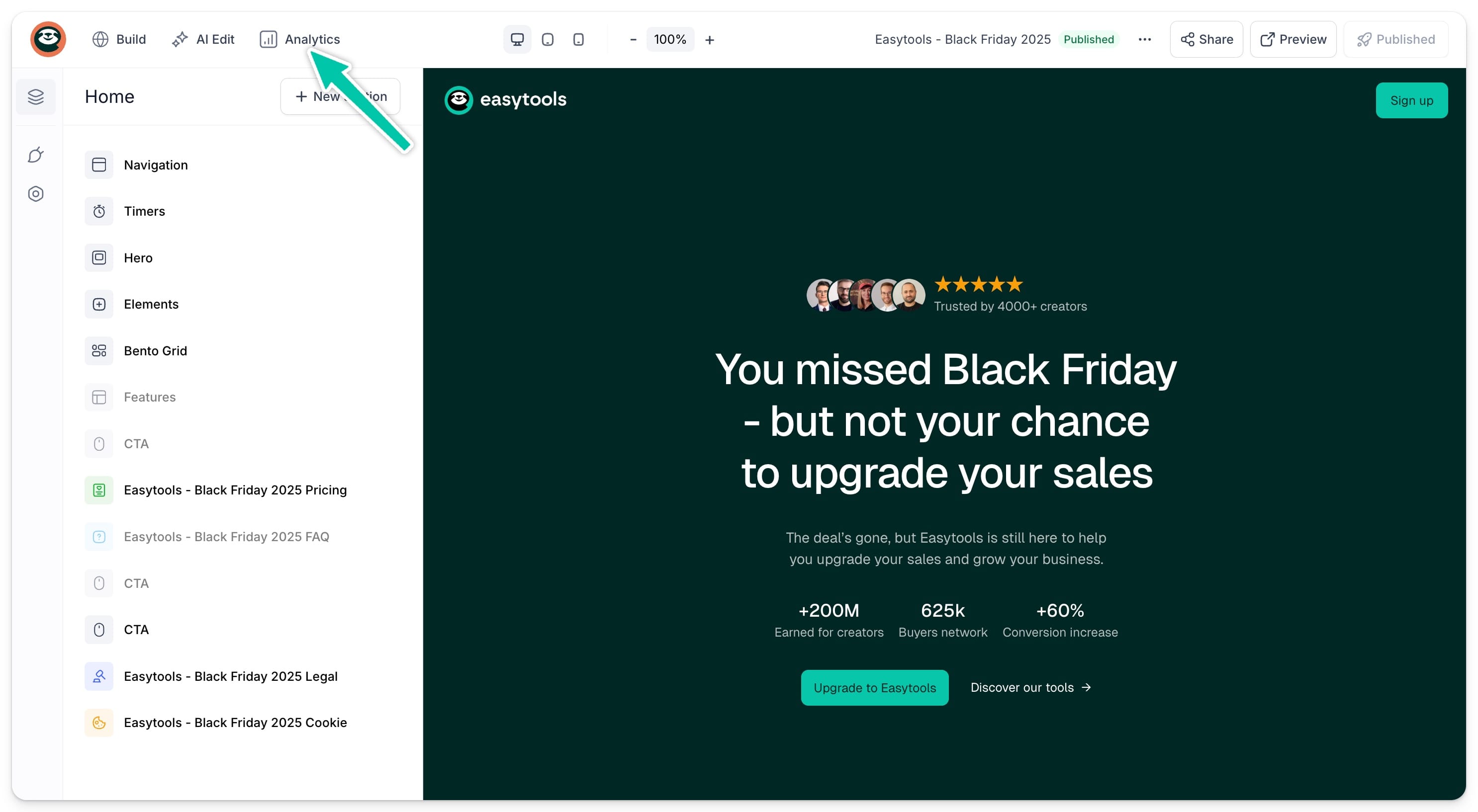 Easypage built in page analytics