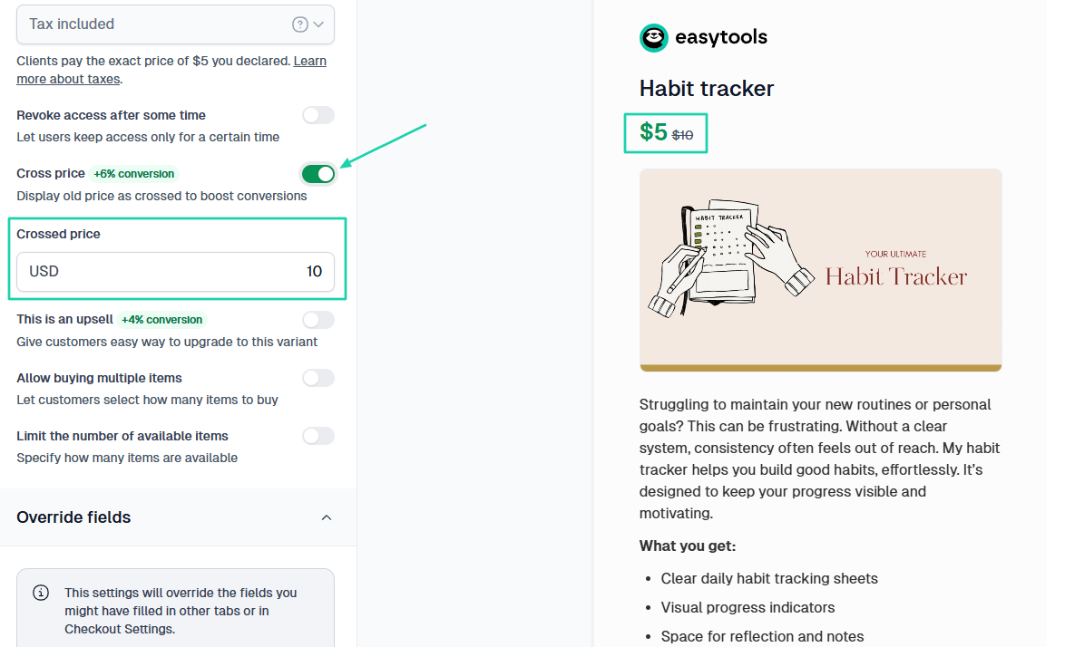 select cross price on easycart