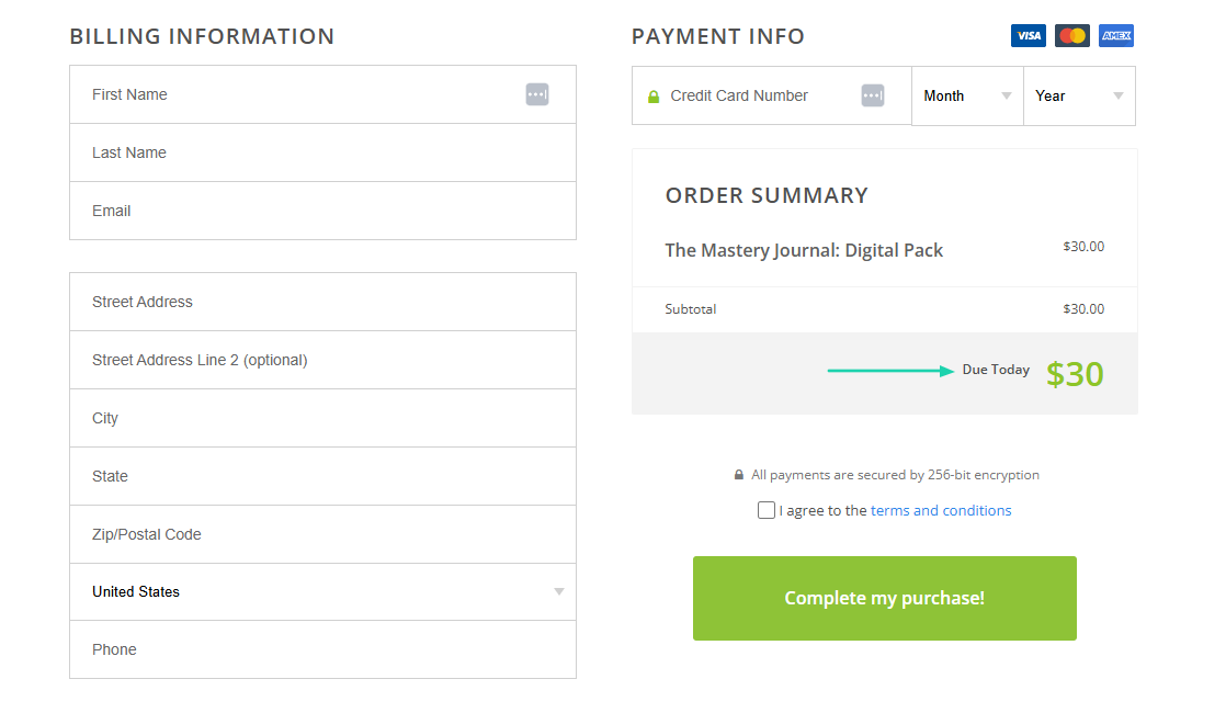 checkout page of the mastery journal course