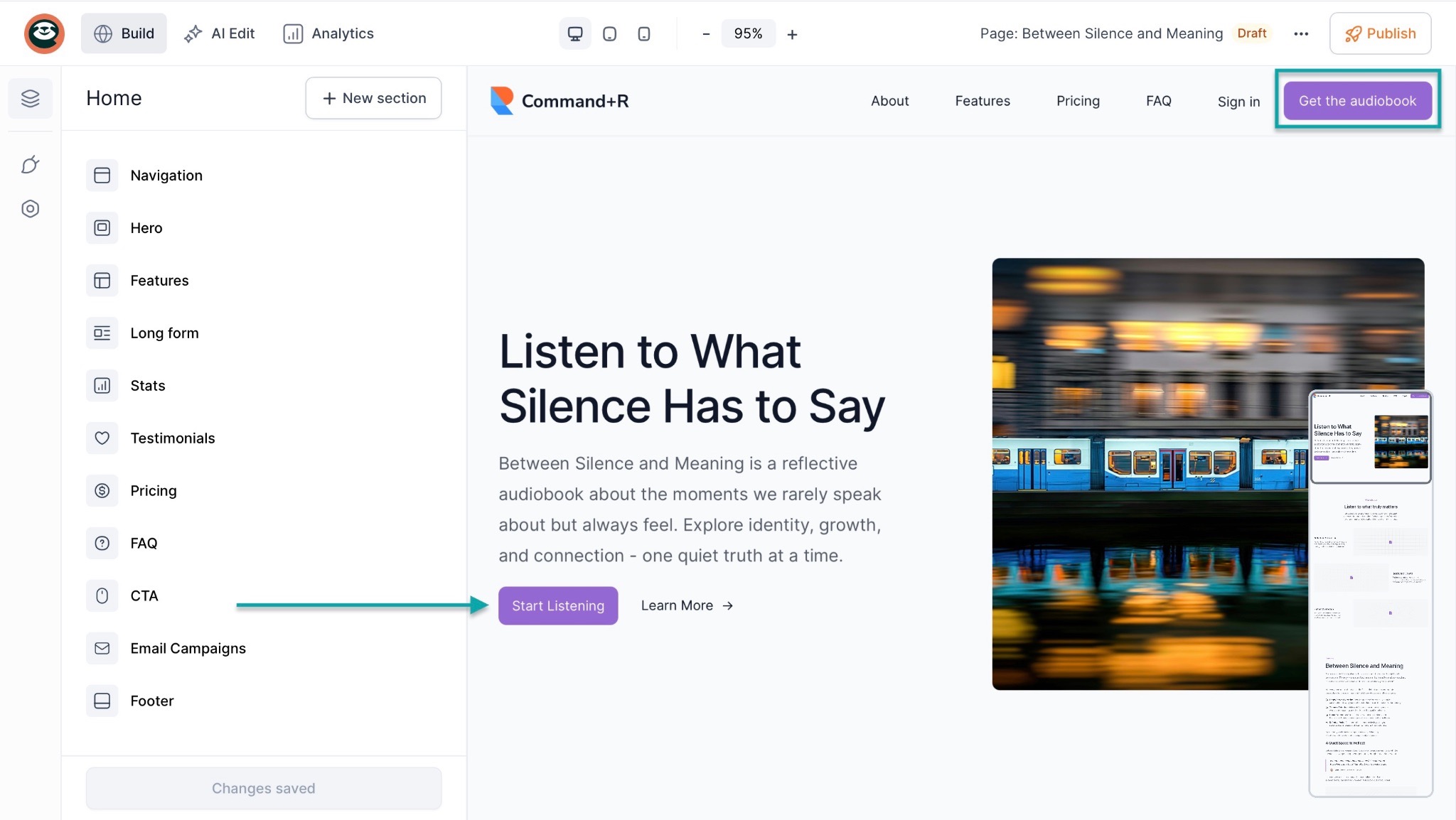 landing page for audiobook on sale