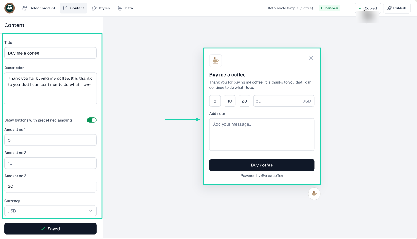 easycoffee widget on easytools