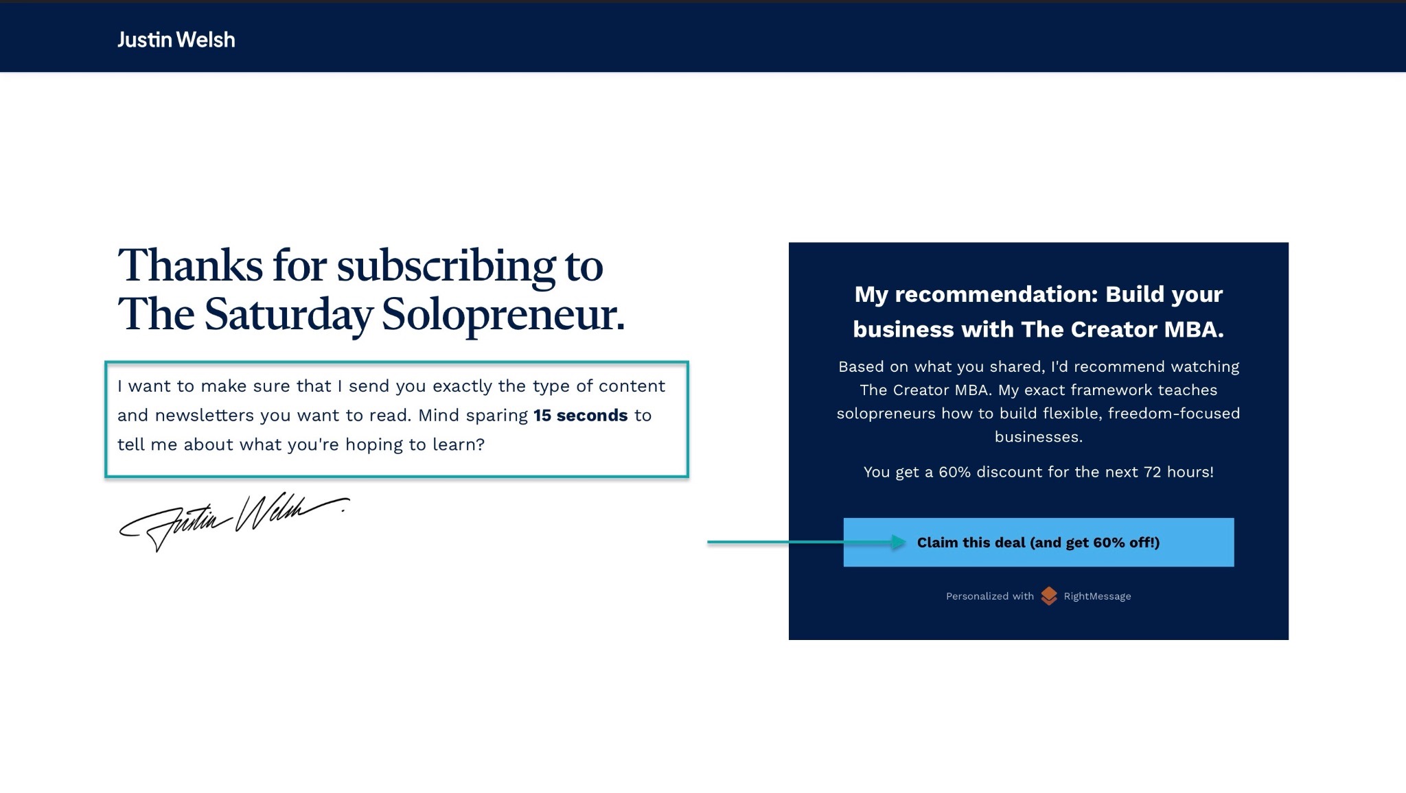 justin welsh questionnaire to promote an online course