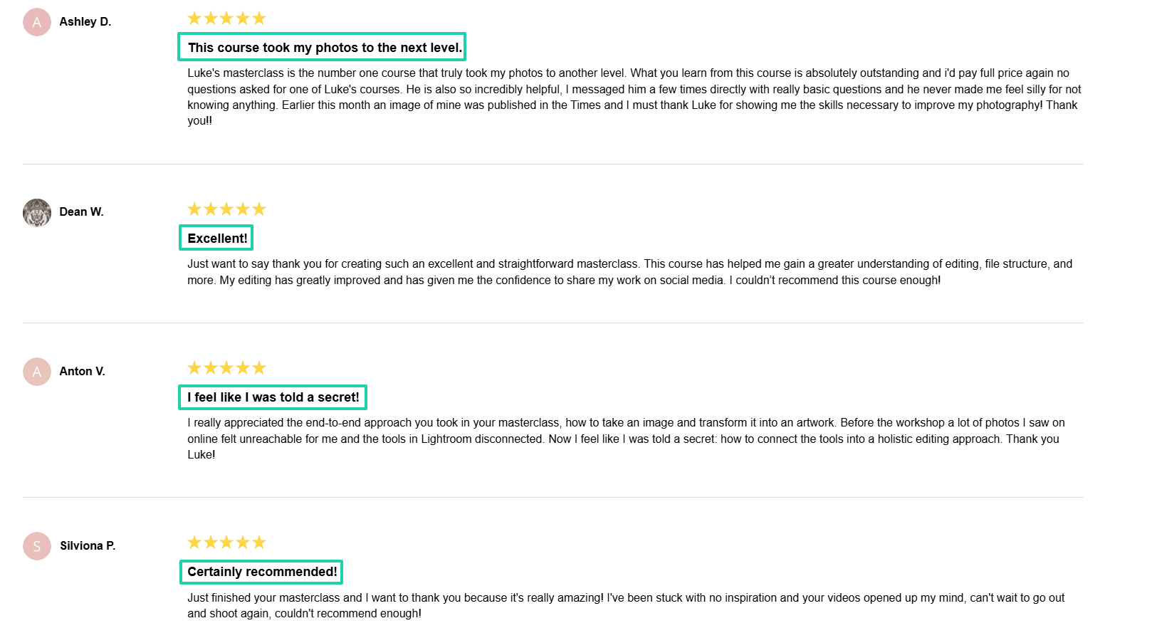 testimonial page of lightroom masterclass
