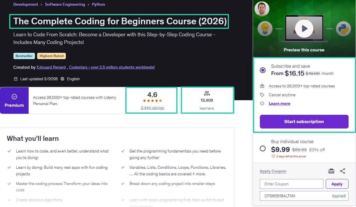 beginners coding course on udemy