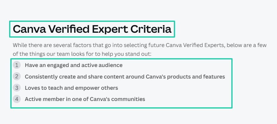 canva. verfied expert criteria list