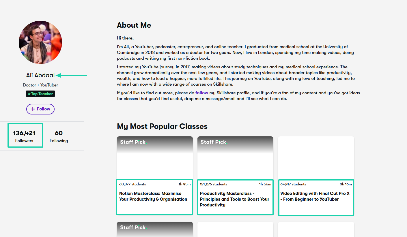 ali abdaal about me section on skillshare