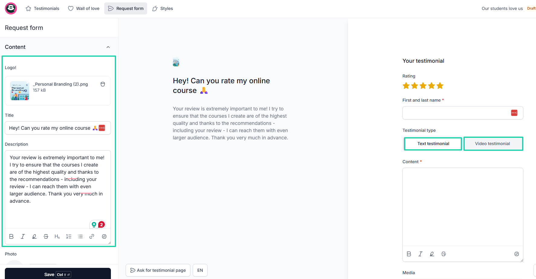testimonials editor on easytools