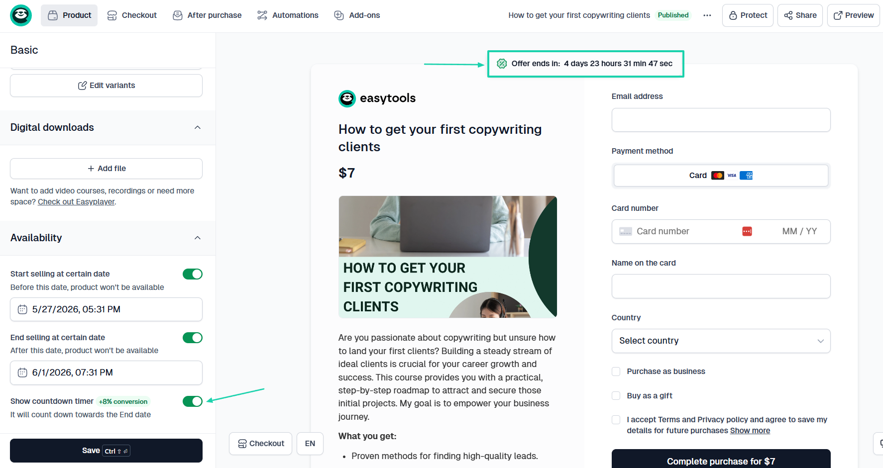 countdown timer on easycart