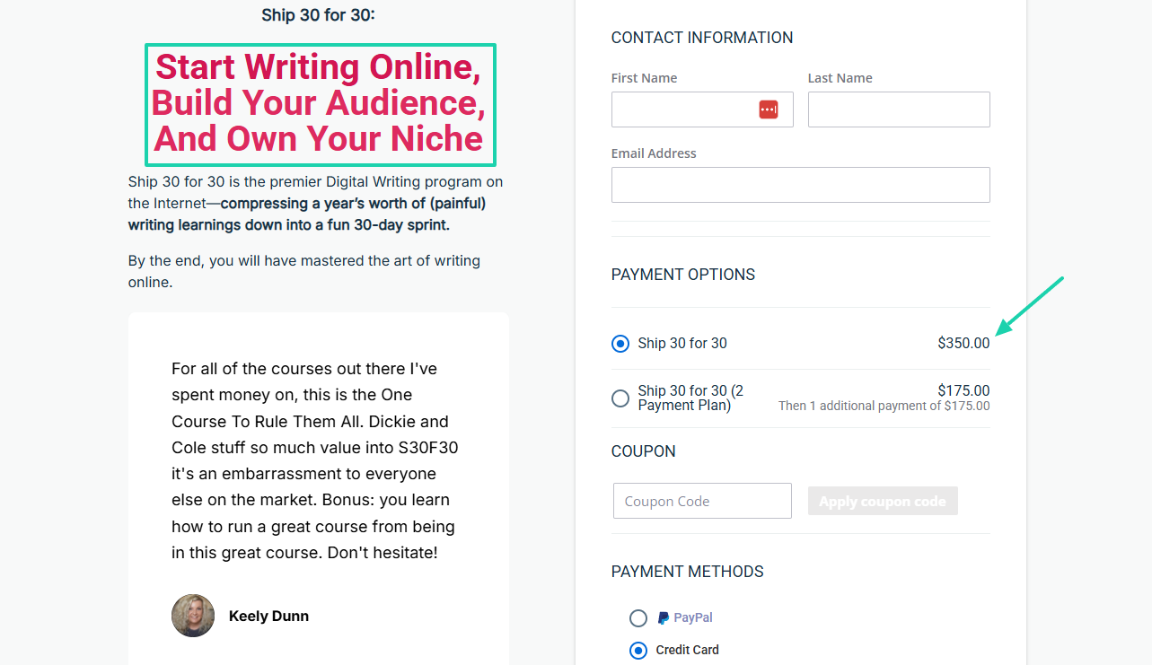 ship thirty for thirty checkout page