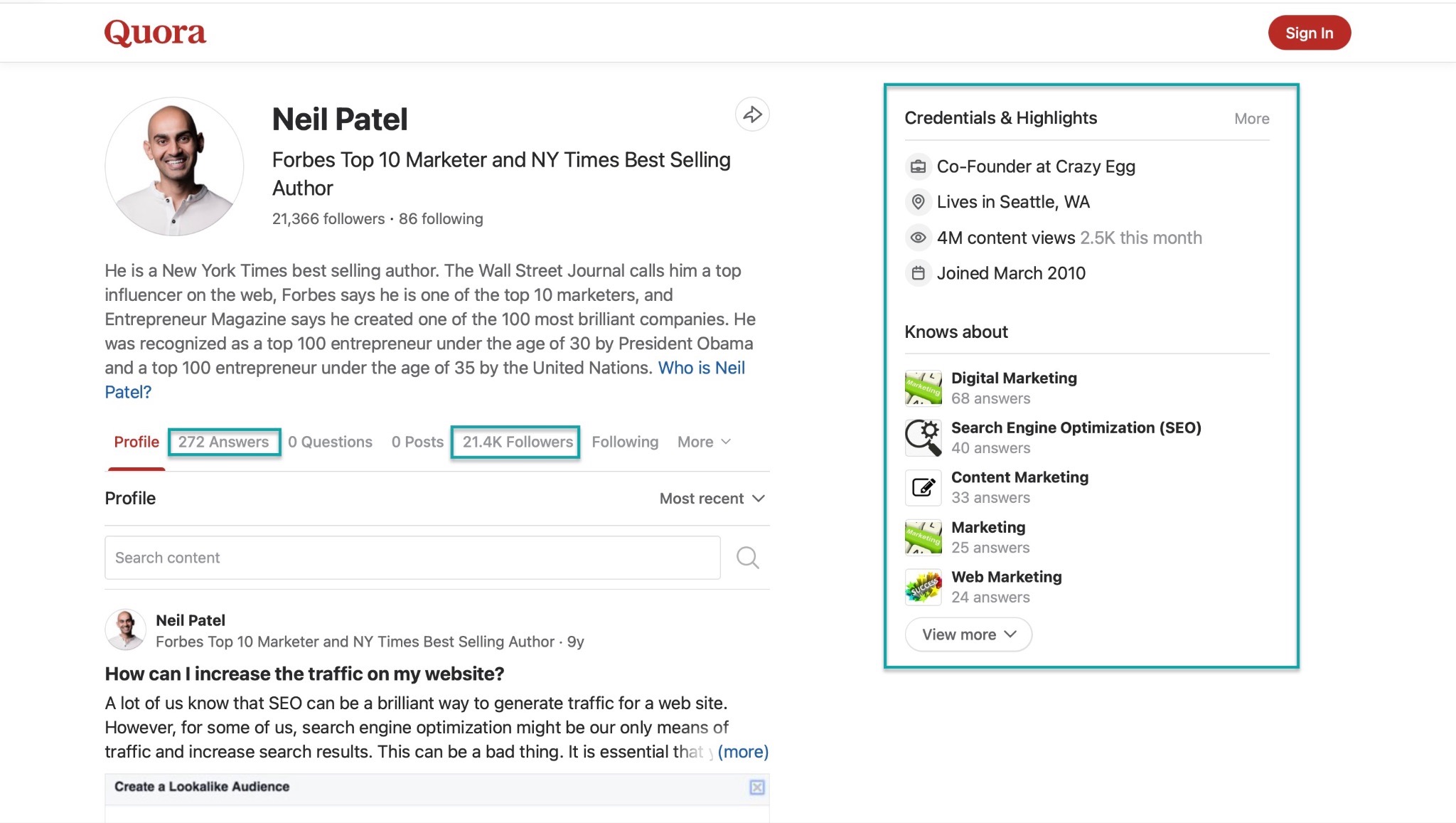 neil patel profile on quora