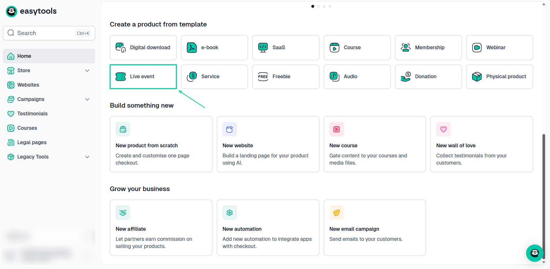 select live event on easytools homepage