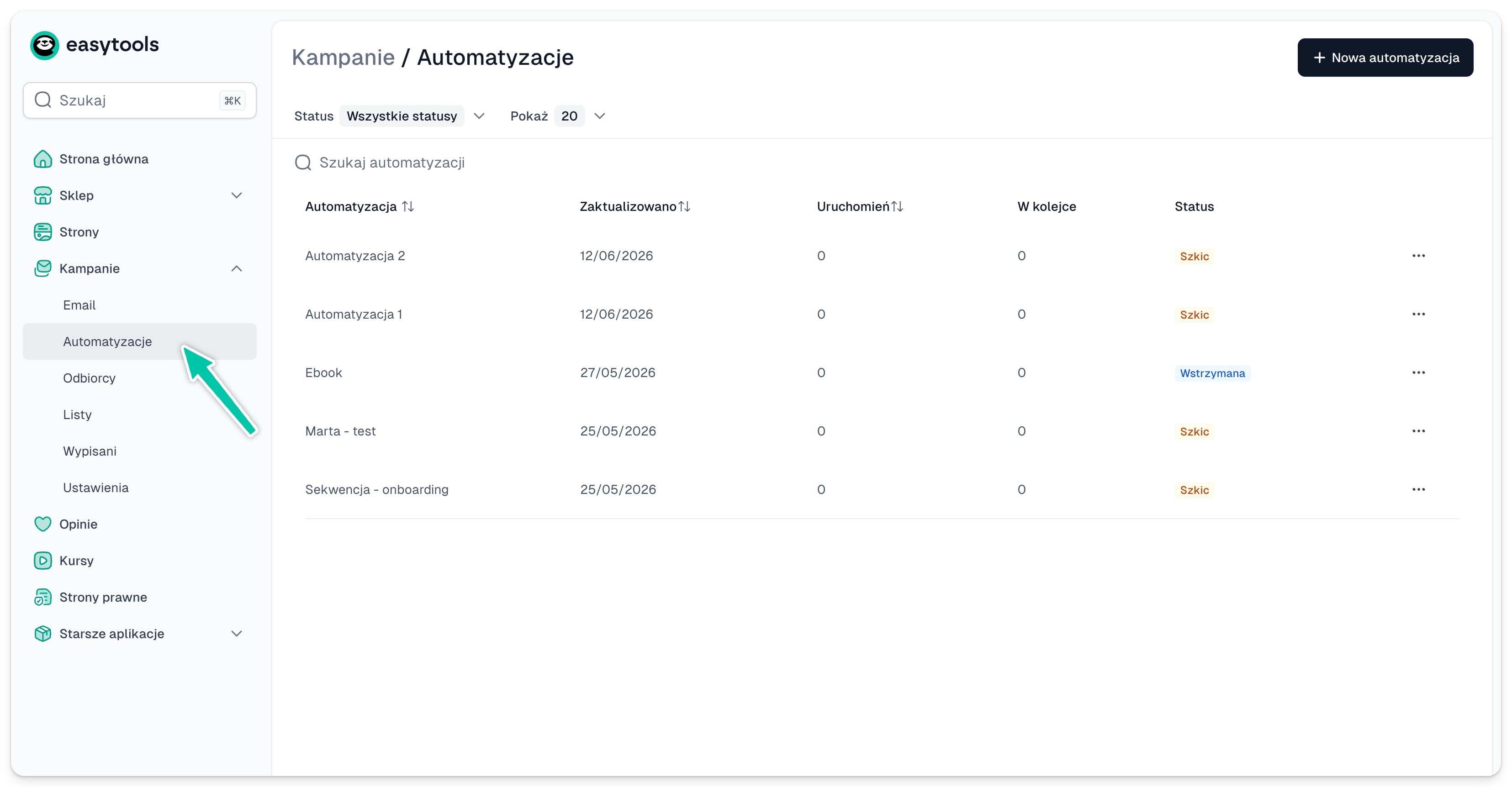 Panel z automatyzacjami w Easymail