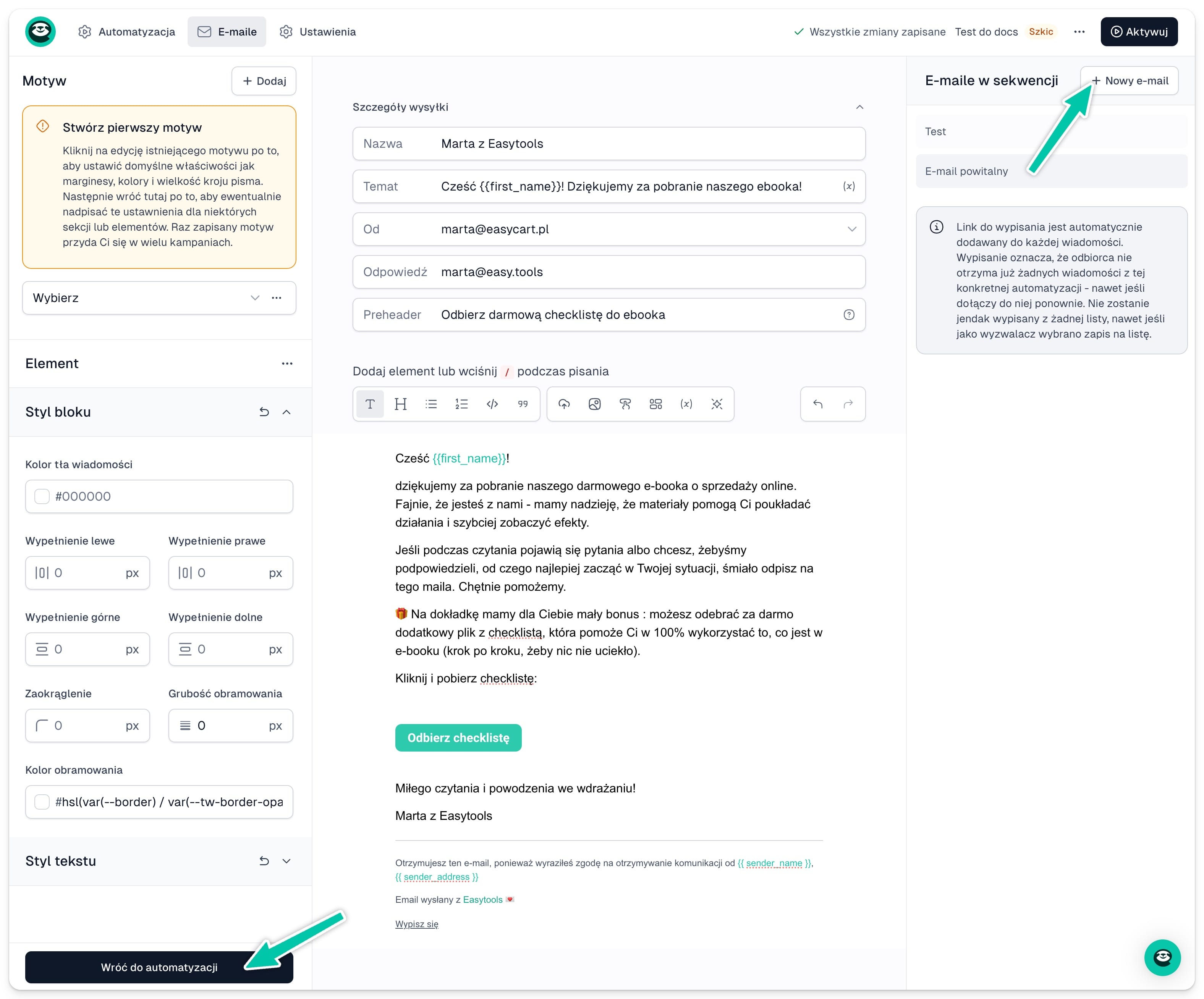 Easymail zakończenie pracy nad emailem sekwencji