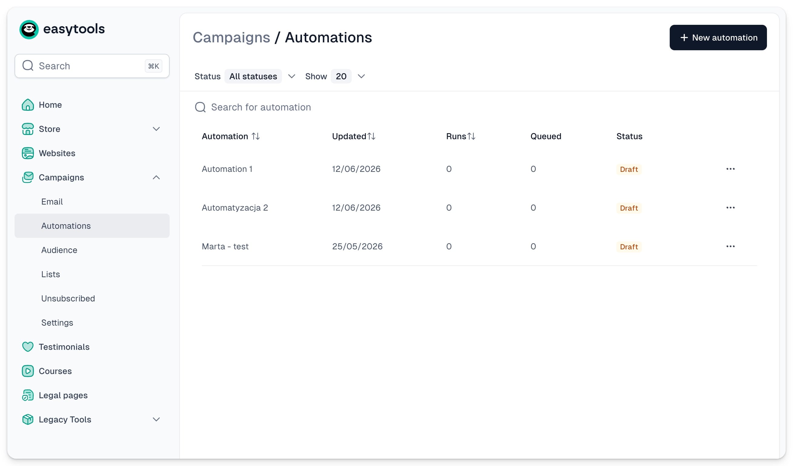 Easymail automations dashboard