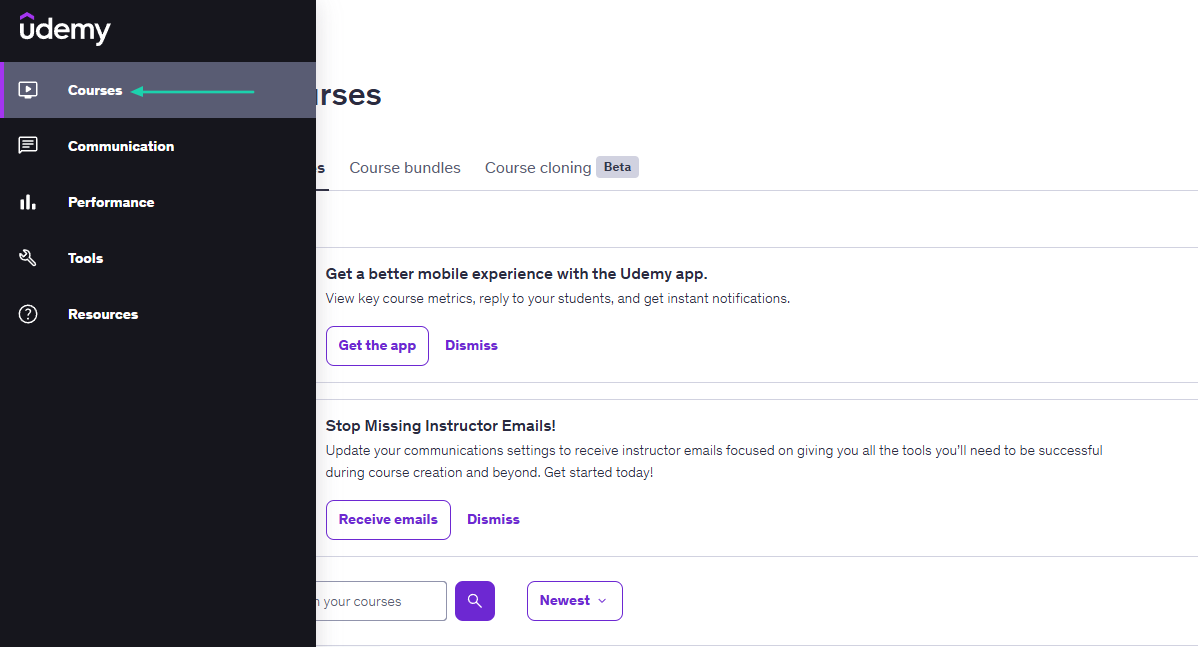 select courses in the sidebar
