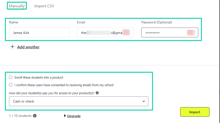 add students manually or via csv