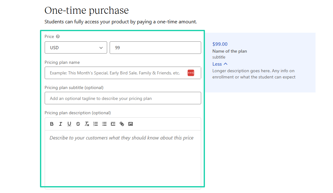 enter price and plan description