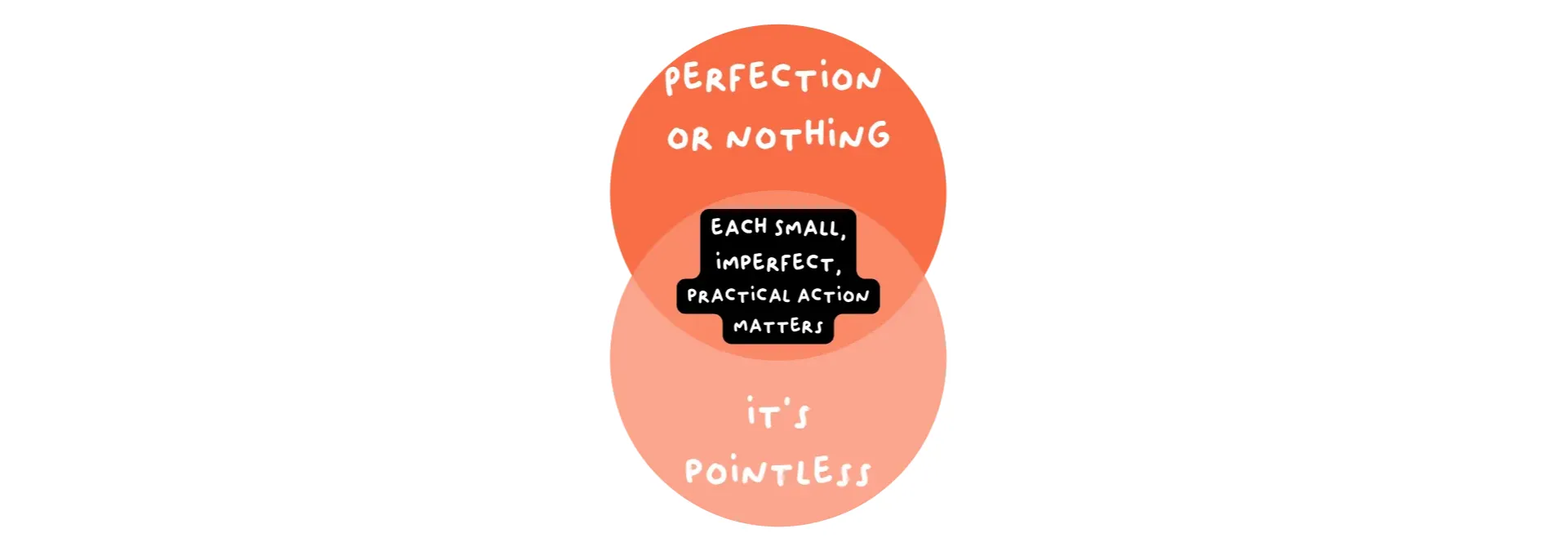 A venn diagram with "perfection or nothing" on one side, "it's pointless" on the other and "Each small imperfect practical action matters" in between them.