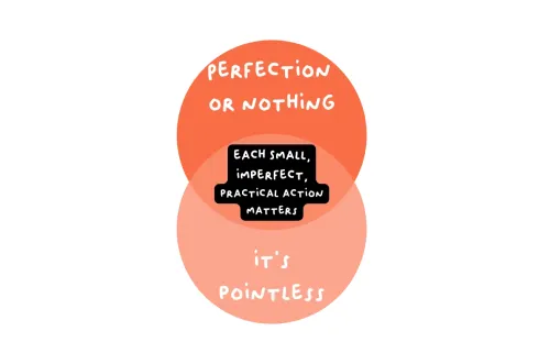A venn diagram with "perfection or nothing" on one side, "it's pointless" on the other and "Each small imperfect practical action matters" in between them.