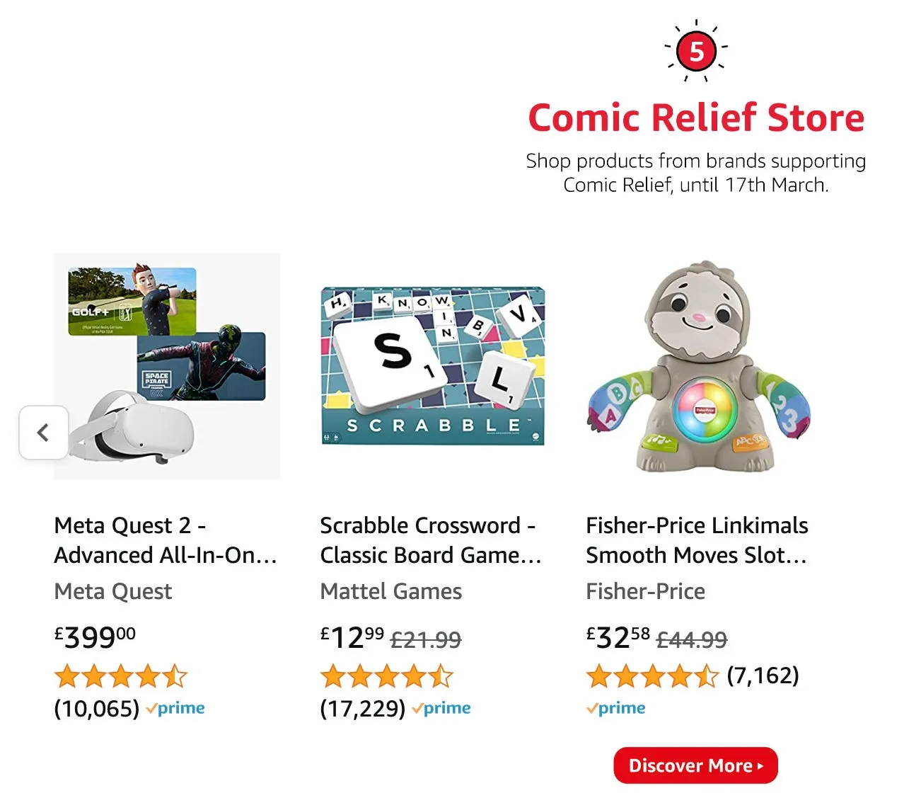 A screenshot of the Amazon Comic Relief Store selling new games and toys