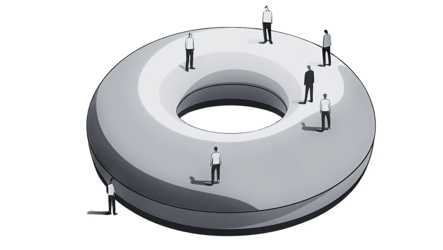 Illustration of isolate business professionals standing on a three-dimensional doughnut, to evoke the Doughnut Economics concept