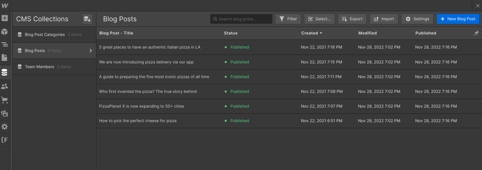 CMS Collection - Pizzaplanet X Webflow Template